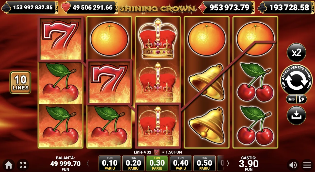 Shining Crown câștig pe linie cu simbolul 7 și coroana wild