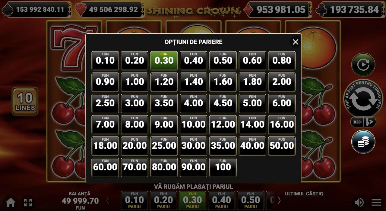 Shining Crown opțiuni de pariere de la 0.10 la 100