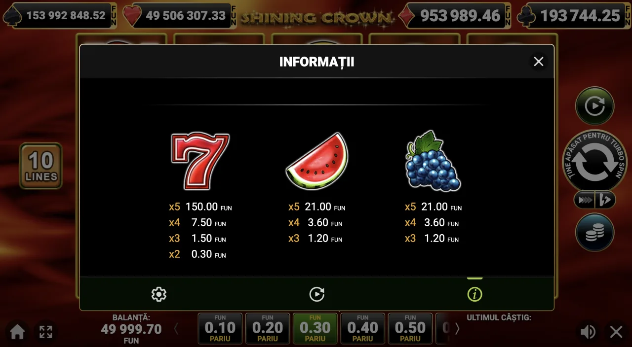 Shining Crown tabel de plăți pentru simbolurile 7, pepene și struguri