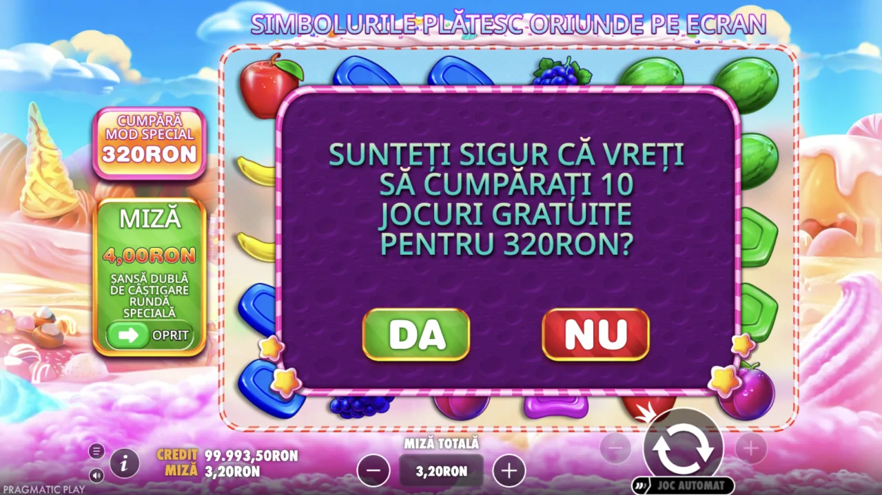 Sweet Bonanza opțiunea de cumpărare a rundei bonus pentru 100x miza