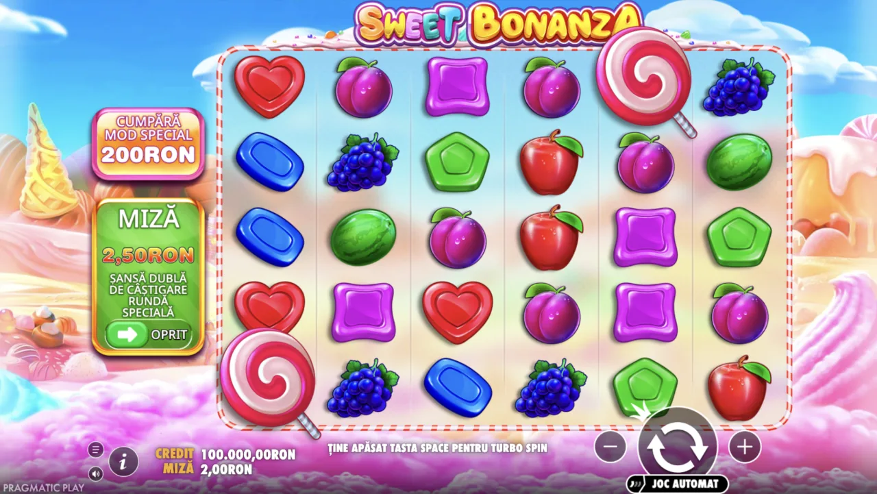 Sweet Bonanza ecran principal cu grila 6x5 de bomboane și fructe