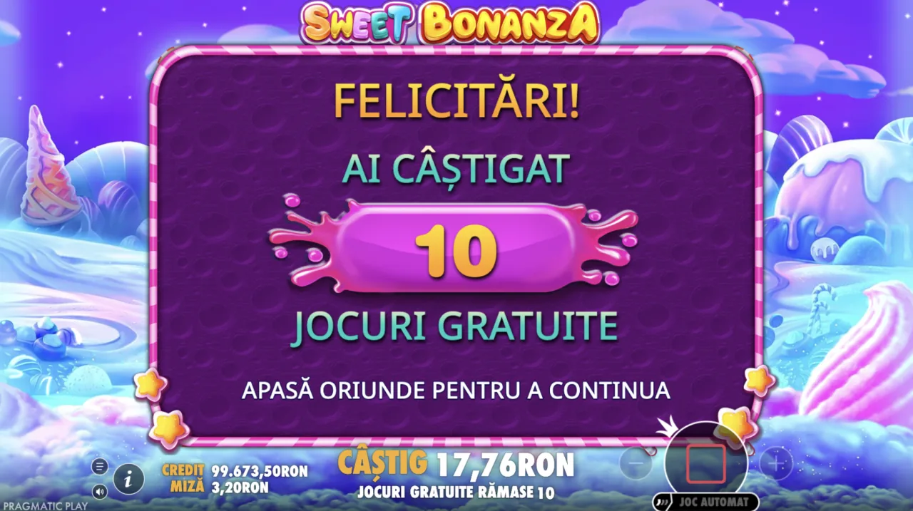 Sweet Bonanza ecran cu 10 jocuri gratuite câștigate
