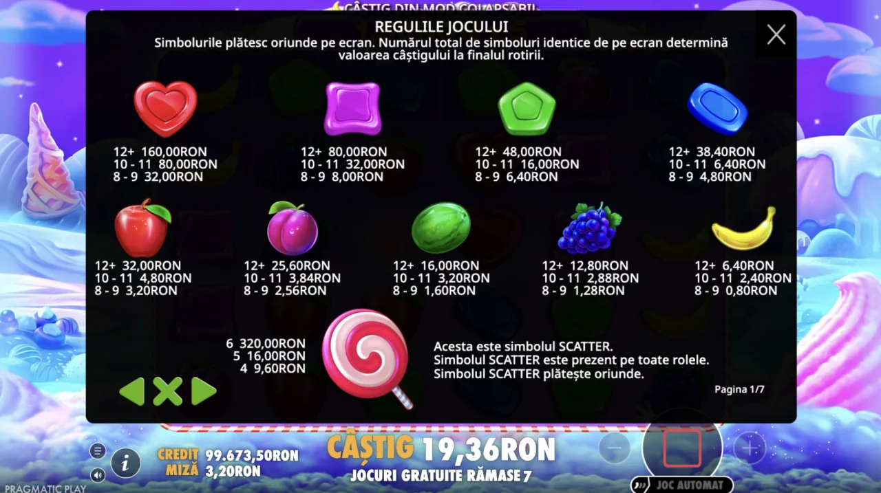 Sweet Bonanza tabel de plăți cu simbolurile și acadeaua scatter
